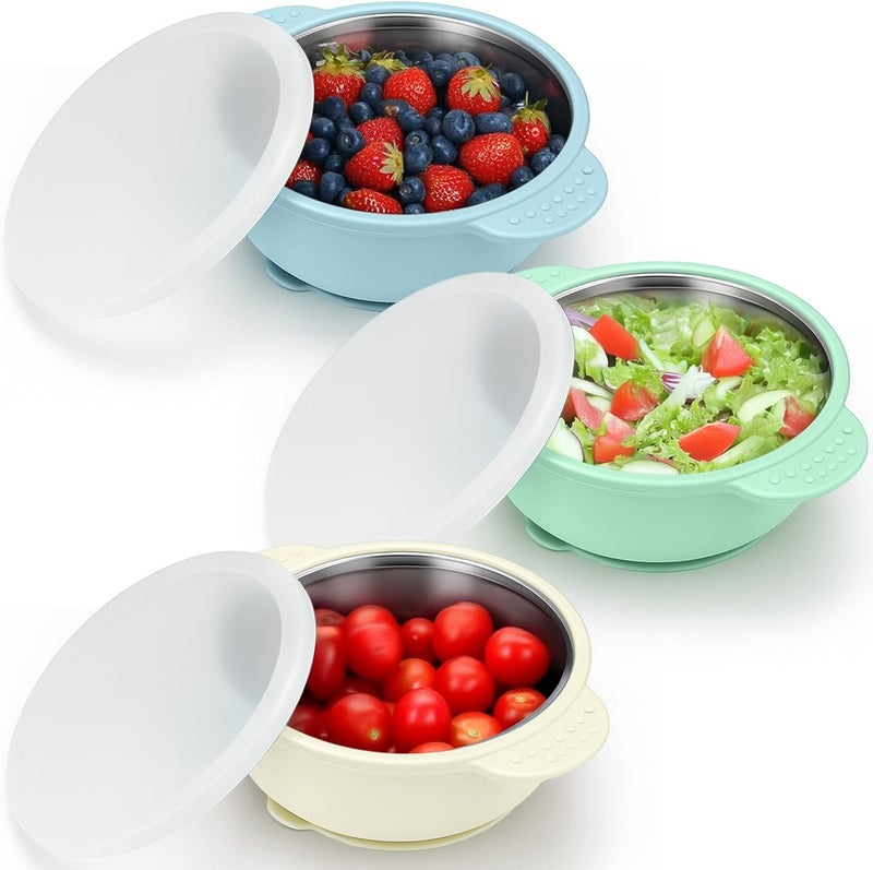 BUSOHA 3 Pack Stainless Steel Baby Bowls with Lid – 2-in-1 Toddler Feeding Bowl Heat-Resistant Spill-Proof Plate Suction Bowls for Kids Baby Toddler Food Feeding - Image 1
